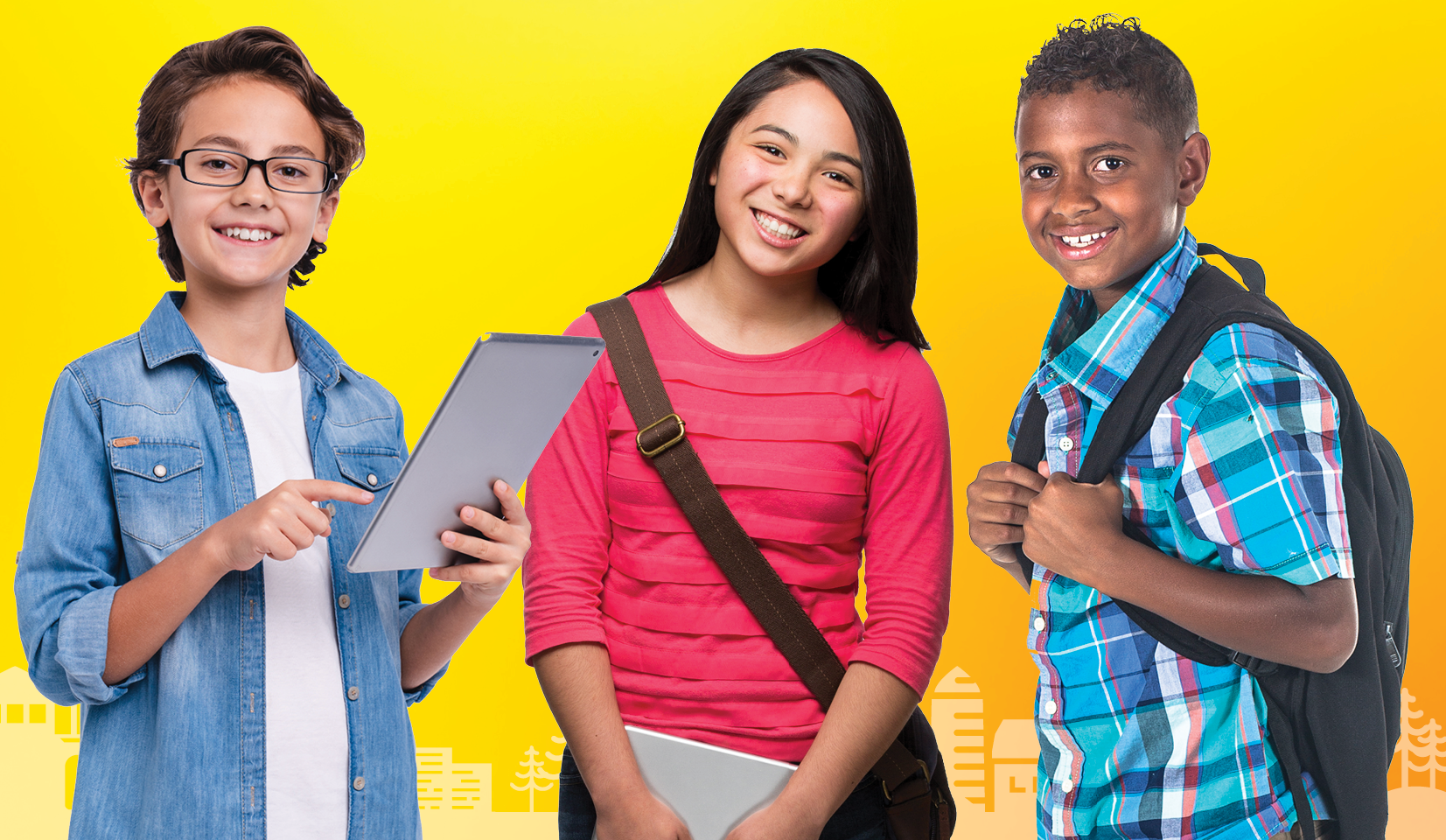 Three smiling students with backpacks and tablets stand in front of a bright yellow backround. 